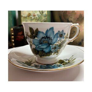 Vintage Cup and Saucer Queen Anne Bone China Blue Clematis Made in England
